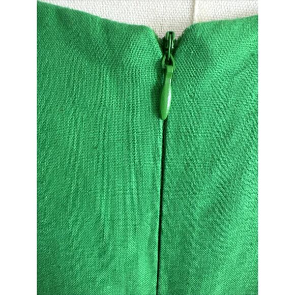 Linen Cocktail Formal Dress Midi Green Gold Embroidered Size 14 Zipper Back Rare - Picture 10 of 14